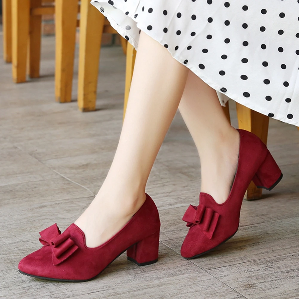 

Женские туфли-лодочки без застежек Karinluna, повседневные однотонные туфли из флока на толстом каблуке с острым носком и бантом-бабочкой