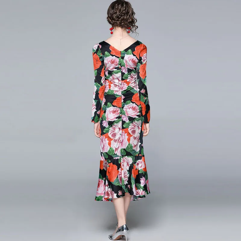 

Vintage Floral Print Sexy Ruched Women Mermaid Satin Dress Summer Long Sleeve Square Collar V Back Midi Dresses Elegant Vestido