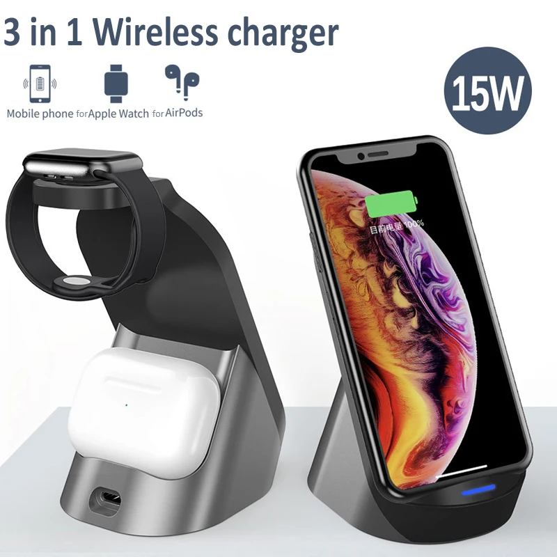 Беспроводное зарядное устройство Qi 3 в 1 15 Вт подставка для iPhone 11 Pro XS iWatch 5 4