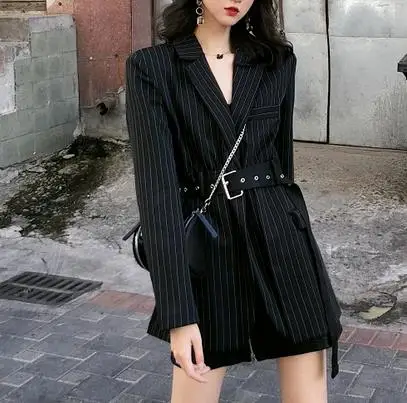 Сексуальный полосатый пояс Женский блейзер с надрезом длинный рукав черный Woemn