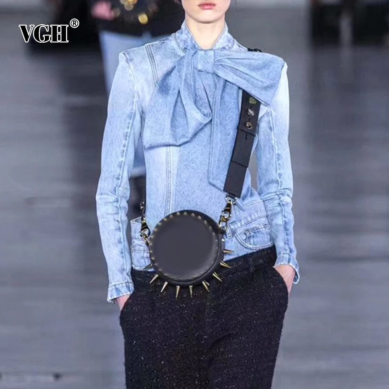 Женская джинсовая рубашка VGH повседневная приталенная блузка с бантом и