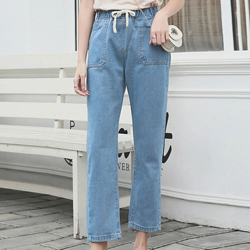 

Womens Elastic Waist Pocket Jeans High Waist Denim Trousers Baggy Casual Pants