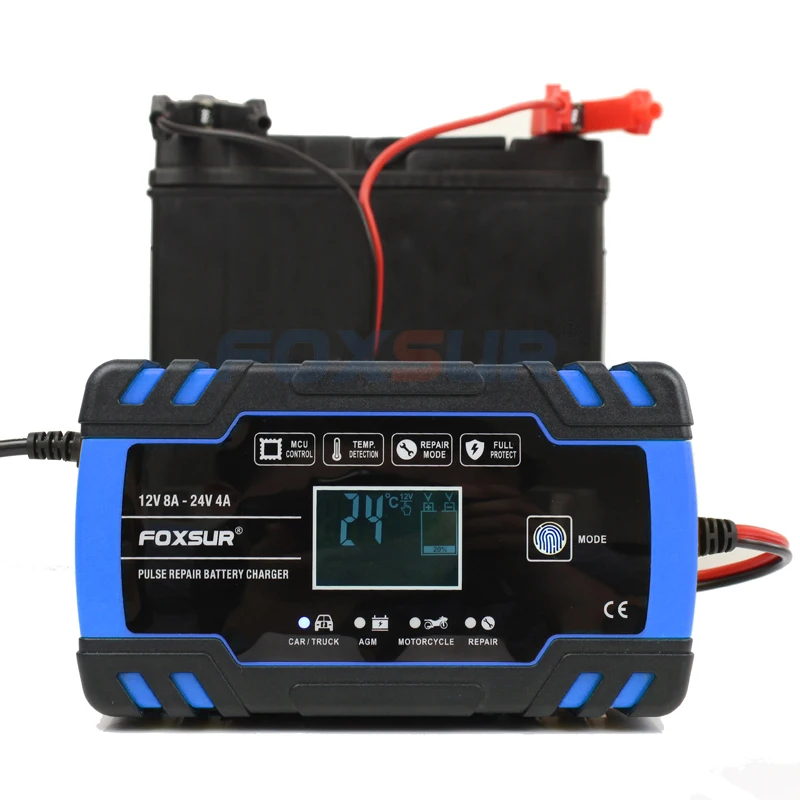 FOXSUR автомобиля Мотоциклетные батареи Зарядное устройство 12V 8A 24V 4A смарт-устройство для быстрой зарядки для AGM гель мокрый EFB свинцово-кислотный Батарея Зарядное устройство