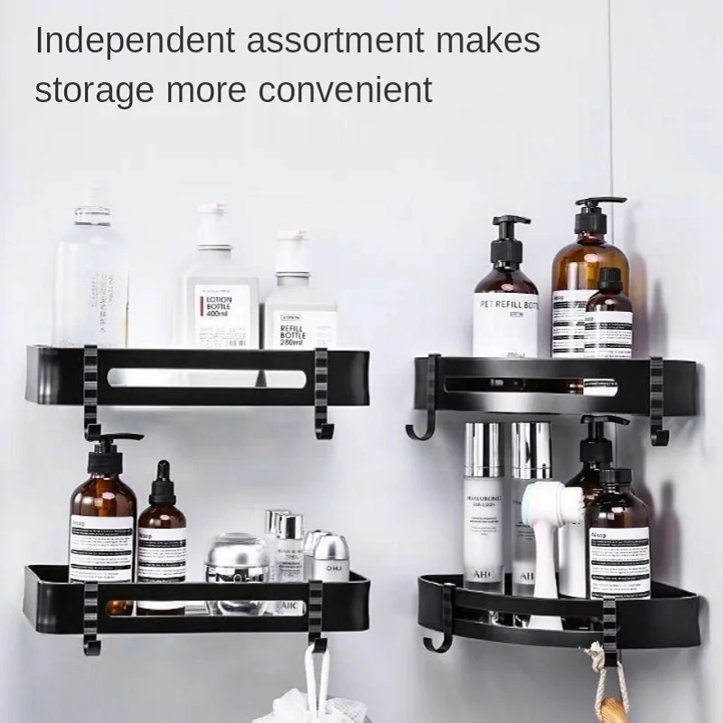 

3 Layers Bathroom Shelf Organizer Shower Storage Rack Black Corner Shelves Wall Mounted Aluminum Punch Free Kitchen Corner Stand