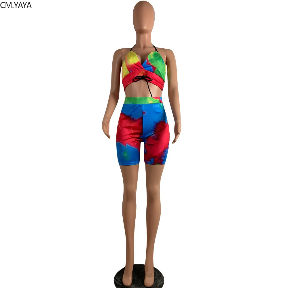 2019 Women summer new tie dye galaxy print halter v-neck sexy crop top shorts suit two piece set sporty tracksuit outfit GLL6036 | Женская