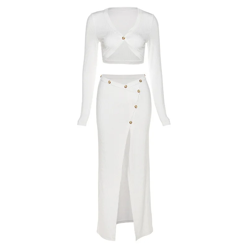 

Women Fall Knit Button Up Dress Sets Lady Fashion Outfit Elegant Long Sleeve Top and Skirts Split Matching Set Club Clothes