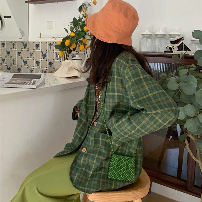

Bella Philosophy 2020 Winter New Women Green Plaid Blazer Office Lady Single Breasted Outwear Female Notch Collar Loose Jackets