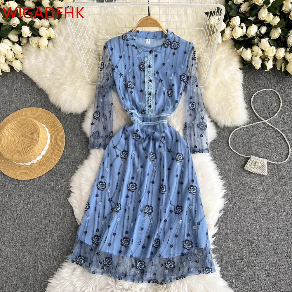 

2021 New Autumn Ladies Elegant Banquet Dress Retro Hollow Crochet Elegant French Midi Skirt High-end Lace Runway Dress