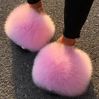 extra large fur slippers real fox raccoon fur slides flat flip flops beach designer sandals cozy plush hair furry shoes woman