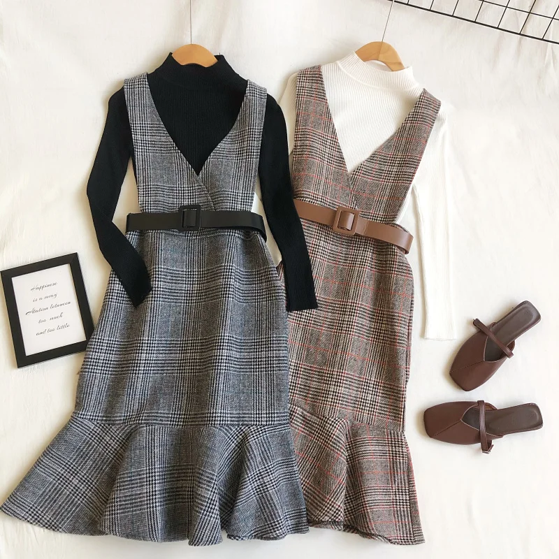 Весенне зимнее утепленное платье с поясом Женский Повседневный трикотажный