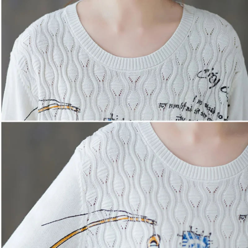 

#0470 Printing Top Women Autumn Winter Long Sleeve O-neck Printed Cotton Cashmere 30% Vintage Retro Tops Thin White Yellow