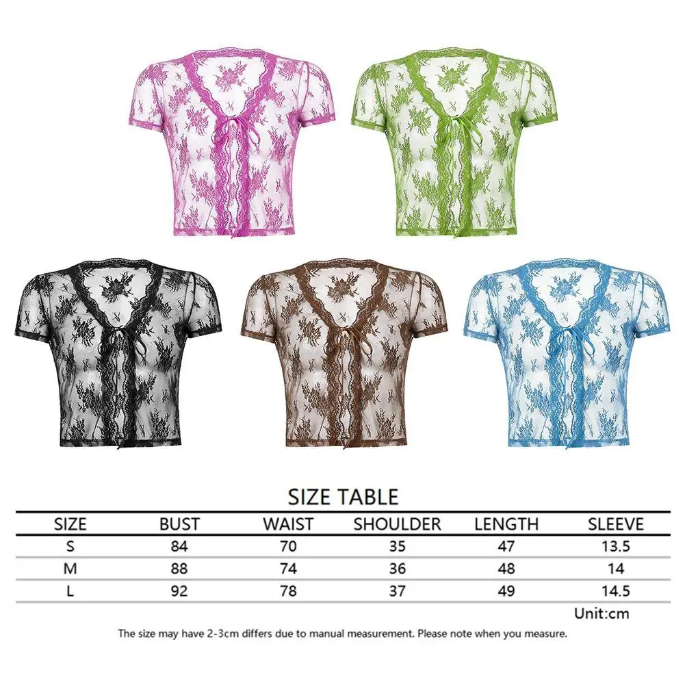 

Hot 5 Colors Vintage Y2K Lace Crop Top Short Sleeve See Through Sexy Mesh Woman Tshirts V Neck Lace Up Floral Kawaii Clothes