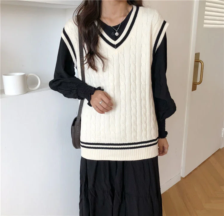 

Sweater Vest Knitting Sleeveless Jumper Preppy College Striped V-necked Pullover Wholesale England Style Winter Sweater Femme