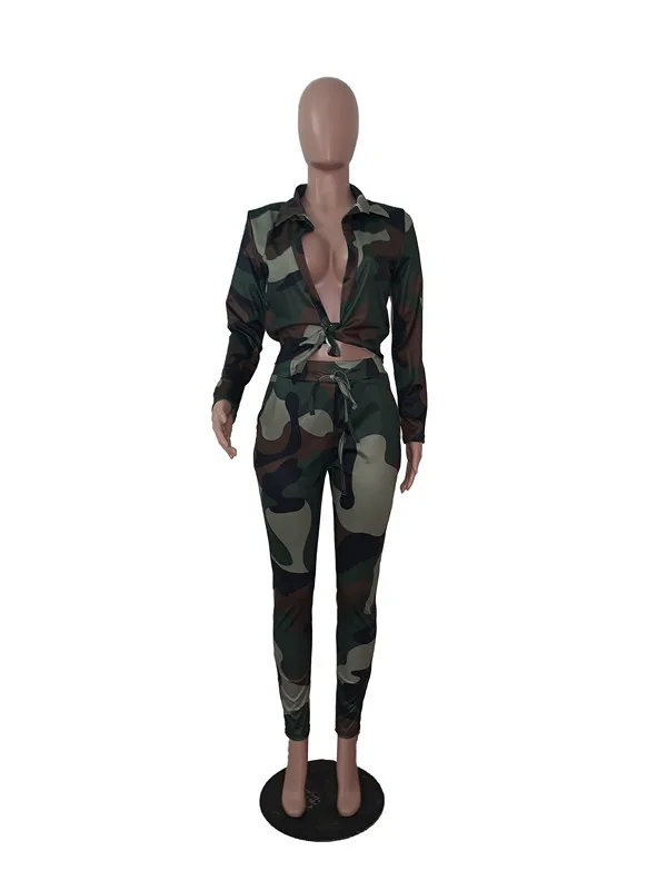 GL Fall Winter Women's set V-Neck Long Sleeve Crop Top Long Pants 2 piece set camouflage Print Bandage tracksuit Outfits L5095