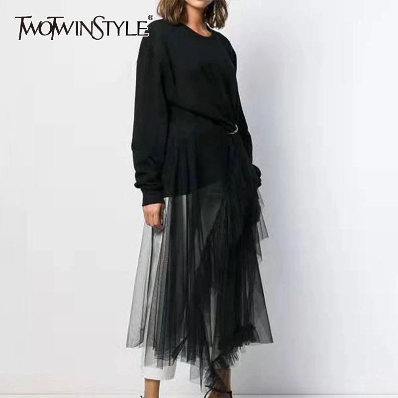 TWOTWINSTYLE лоскутное сетки нерегулярные женские платья с круглым вырезом крыло