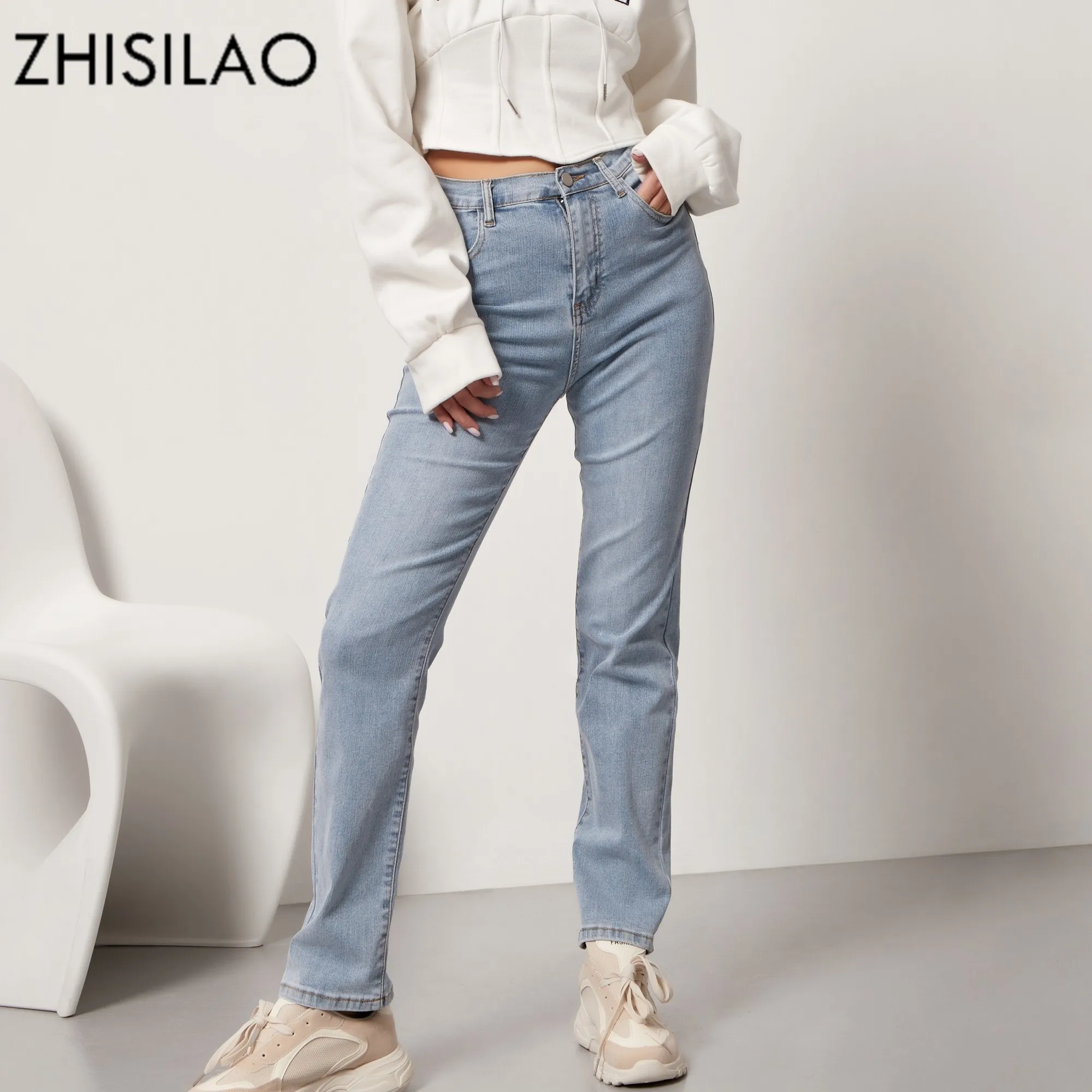 ZHISILAO 100% хлопок женские джинсы с высокой талией винтажные бойфренды стрейч прямые