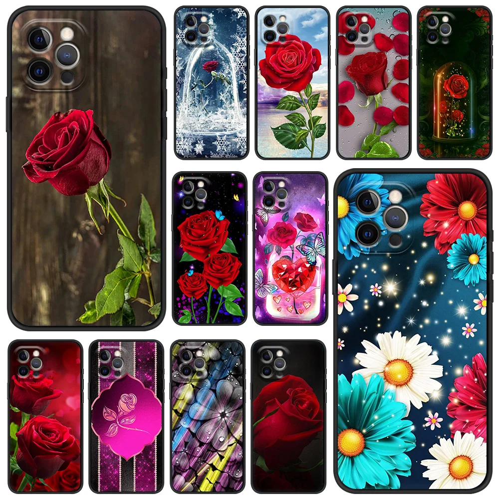 

Red Roses Flowers Phone Case for iPhone 12 13 Pro Max XR XS X Silicone Soft TPU Shell for iPhone 11 7 8 Plus SE2020 Cover Coque