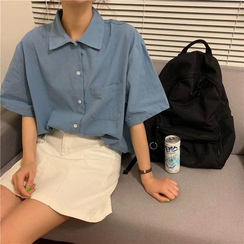 

Shirts Women Short Sleeve 3 Colors Bf Loose Turn Down Collar College Minimalist Female All-match Harajuku Solid Summer Soft Ins