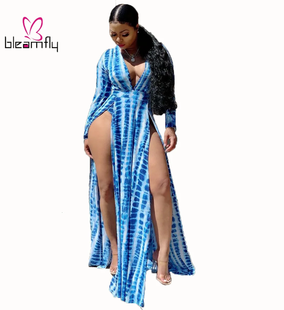 Осеннее женское платье с глубоким v-образным вырезом высоким разрезом