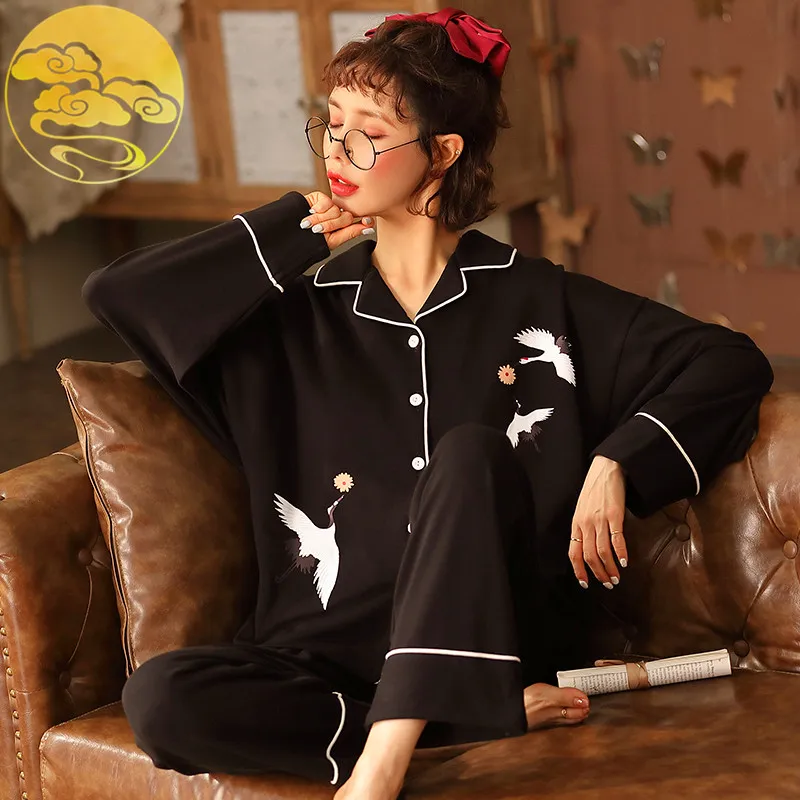 

Весенне-осенние черные вязаные хлопковые элегантные женские пижамные комплекты для сна и отдыха пижамы в китайском стиле женская модная од...