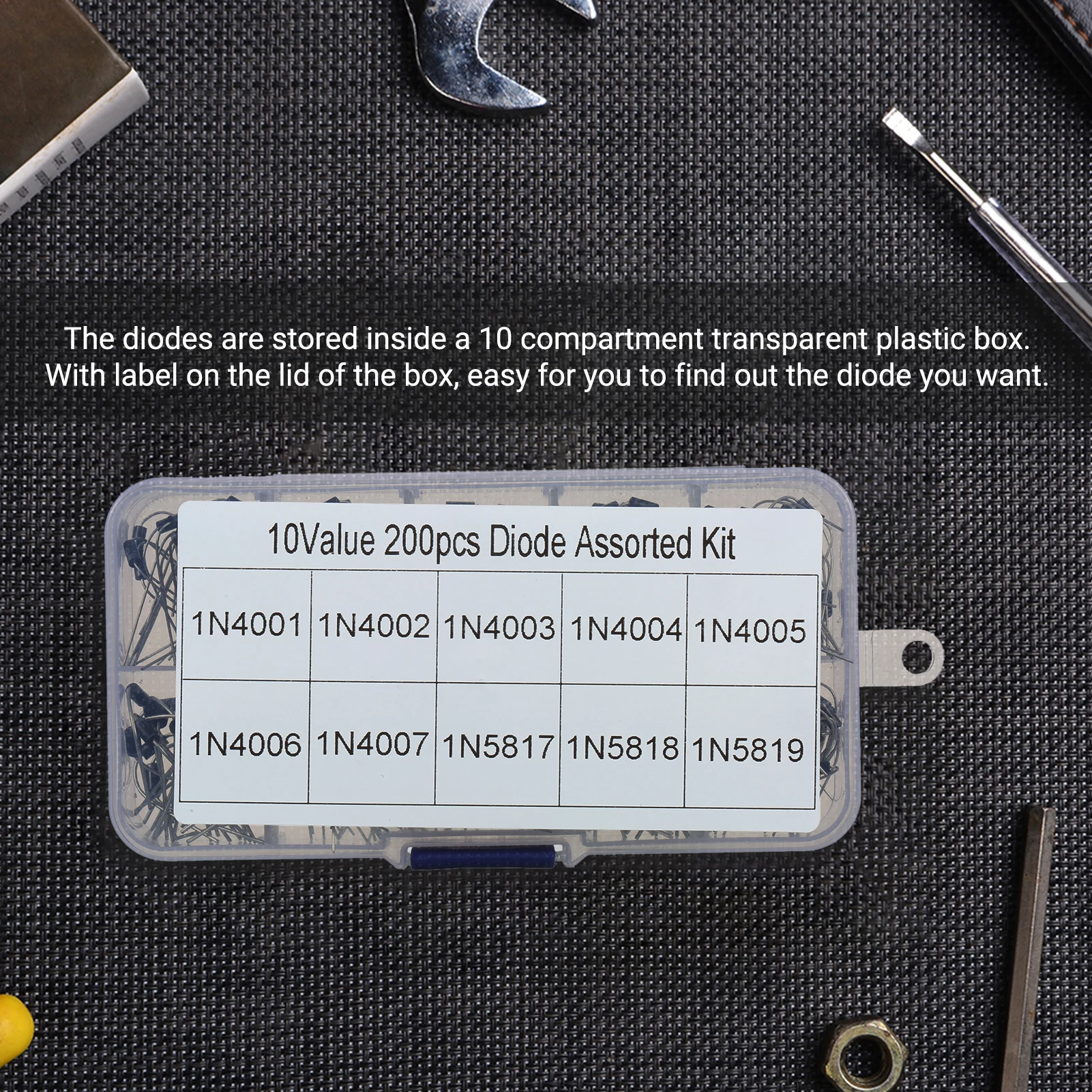 

200pcs 10 Values Diode Assorted Kit Rectifier Diodes with Box 1N4001 1N4002 1N4003 1N4004 1N4005 1N4006 1N4007 1N5817 1N5818