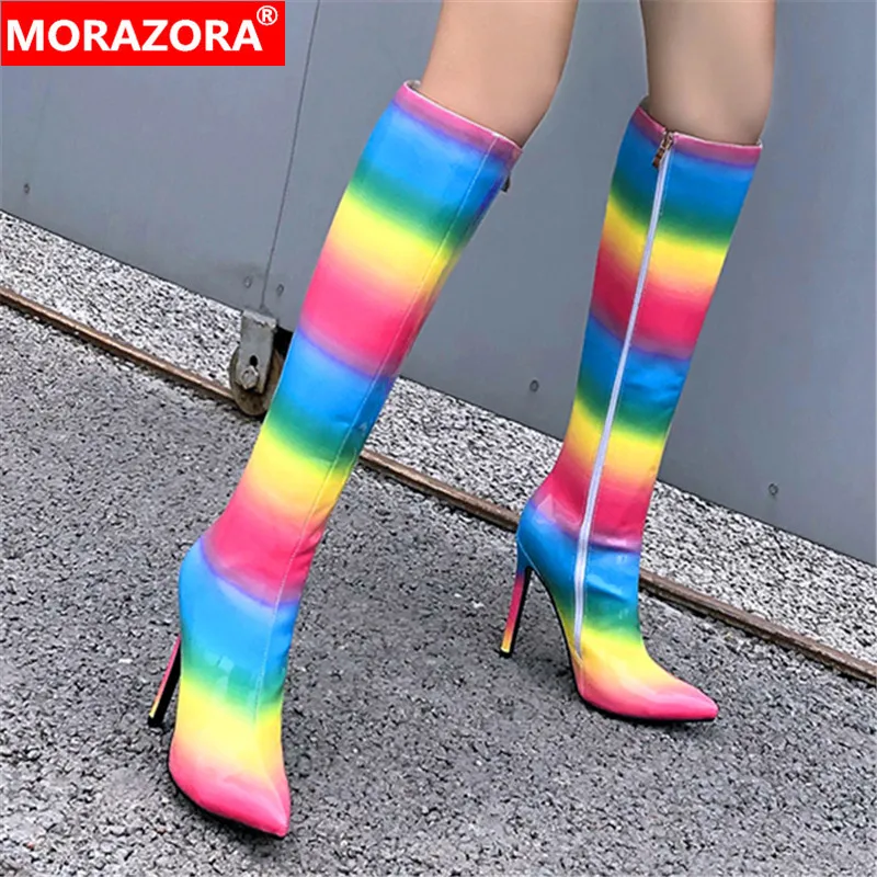 Женские сапоги на шпильке MORAZORA черные до колена высоком каблуке с острым носком