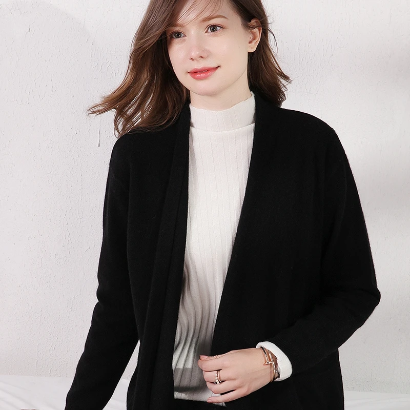 

2020 Autumn Winter New Women' Pure Wool Cardigan Sweater Casual Wild Knitted Mid-Length Coat Warm Cashmere Large Size Coat