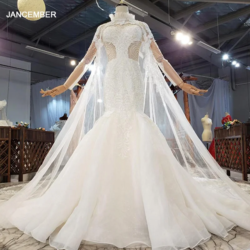 

HTL1859 Champagne Crystal Wedding Dress 2020 Removable Shawl Yarn Long Sleeve Sequined Pearls Appliques