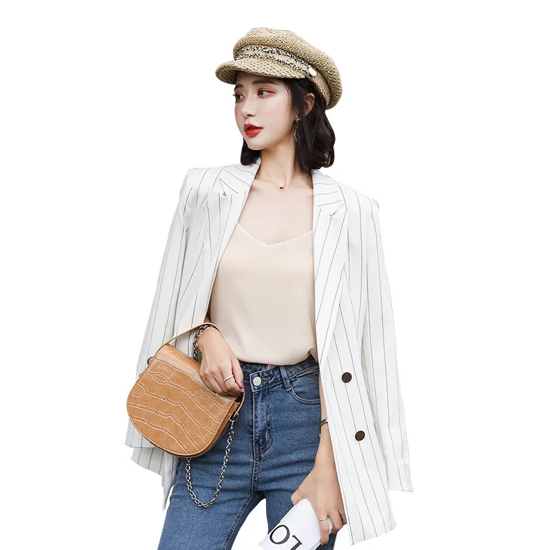 Женский пиджак и пальто новинка 2019 Осенний двубортный черный блейзер в полоску