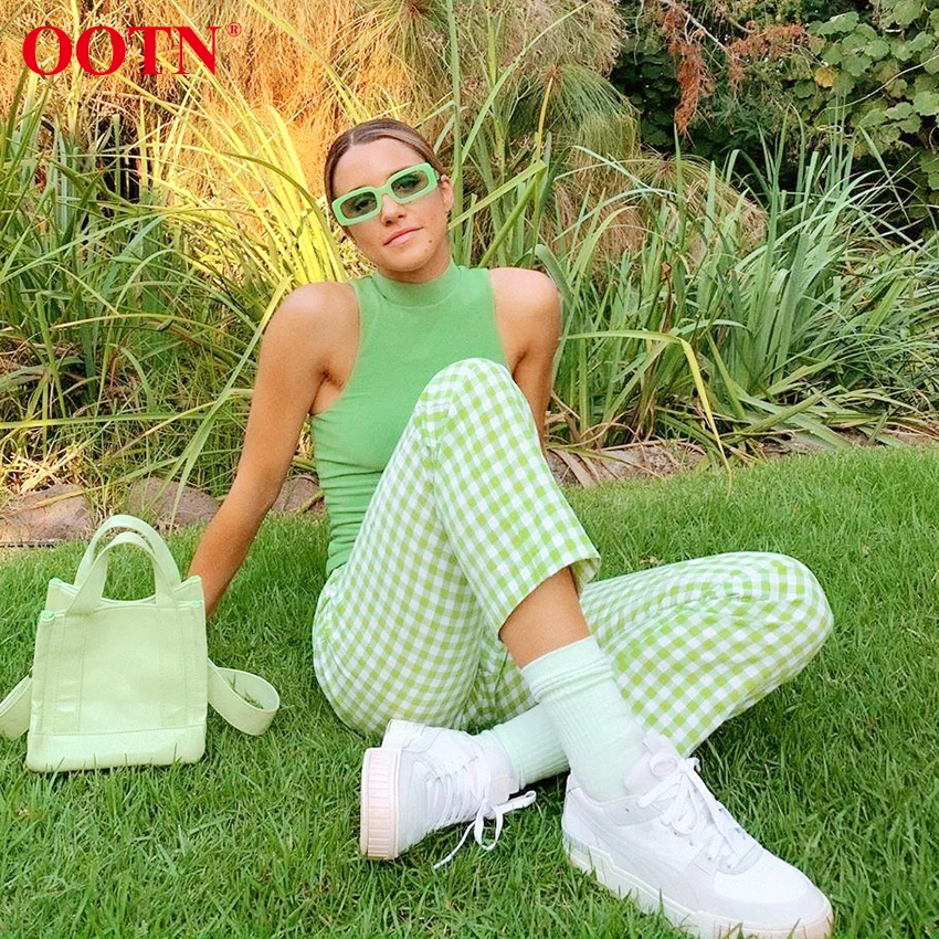 Женские прямые брюки OOTN зеленые летние повседневные с высокой талией винтажные