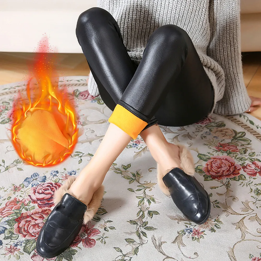 Зимние Утепленные леггинсы из искусственной кожи женские обтягивающие брюки