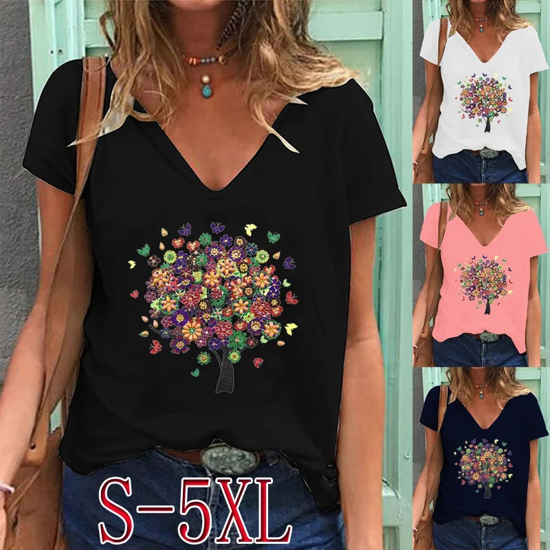 

Fashion Ladies Summer Printing Short-sleeved Deep V-neck T-shirt Casual Graphic Shirt Loose Solid Color Shirt Top