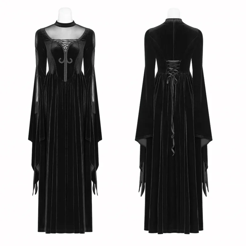 

SHENGPALAE Gothic Spliced Mesh Dress Women's Autumn 2021 New Round Neck Elastic Back Bandage Waist Long Sleeve Mid-calf Dresses