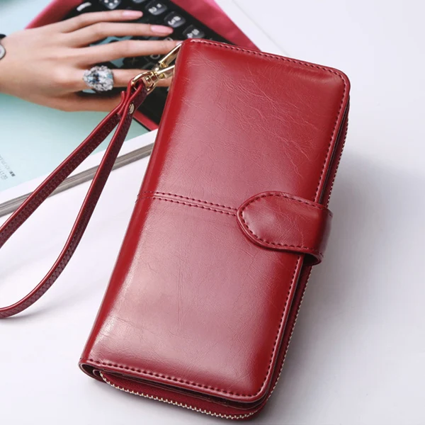 Burgundy ACELURE Solid Color Women Long Wallets Simple Style Zipper& Hasp Purse With Card Holder Oil Wax Pu Leather Ladies Daily Wallet - Цвет: Burgundy