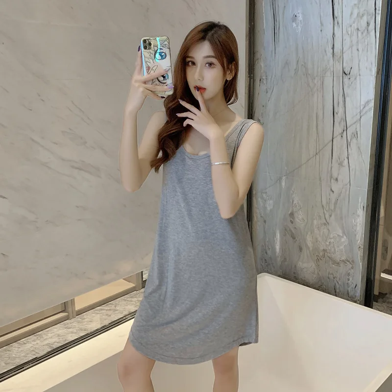 Summer 2021 Modal Sexy Women's Nightdress Sling Nightgown Home Wear Thin Sleeveless Nightwear Knee-Length Sleepwear Night Dress