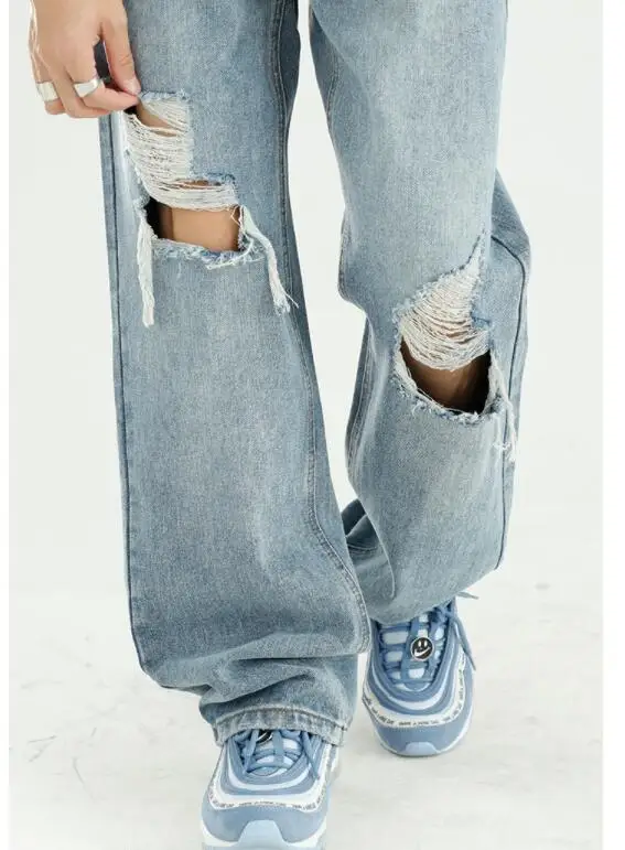 Jeans Men Street Ripped Jeans Men's Mopping Pants Loose Wash Straight-Leg  Denim Pants