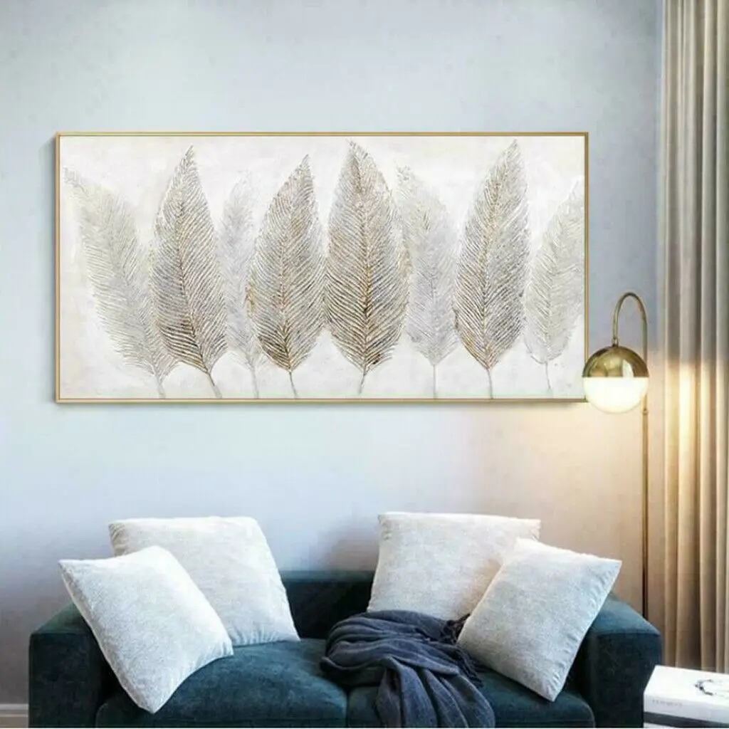 

Canvas Hand-painted Oil Painting Feather on White Wall Art For Living Room Kitchen Bathroom Bedroom Hotel Home Decor No Framed