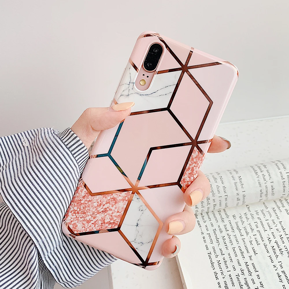 

New Back Cover Hot Plating Geometric Marble Phone Case For Huawei P40 Lite P30 P20 Lite Pro Mate 20 Lite Glossy Soft IMD Mobile