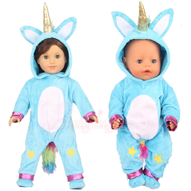 

2021 Baby New Born Fit 18 inch 43cm Doll Clothes Accessories Blue Unicorn Plush Jumpsuits Shoes Suits For Baby Birthday Gift
