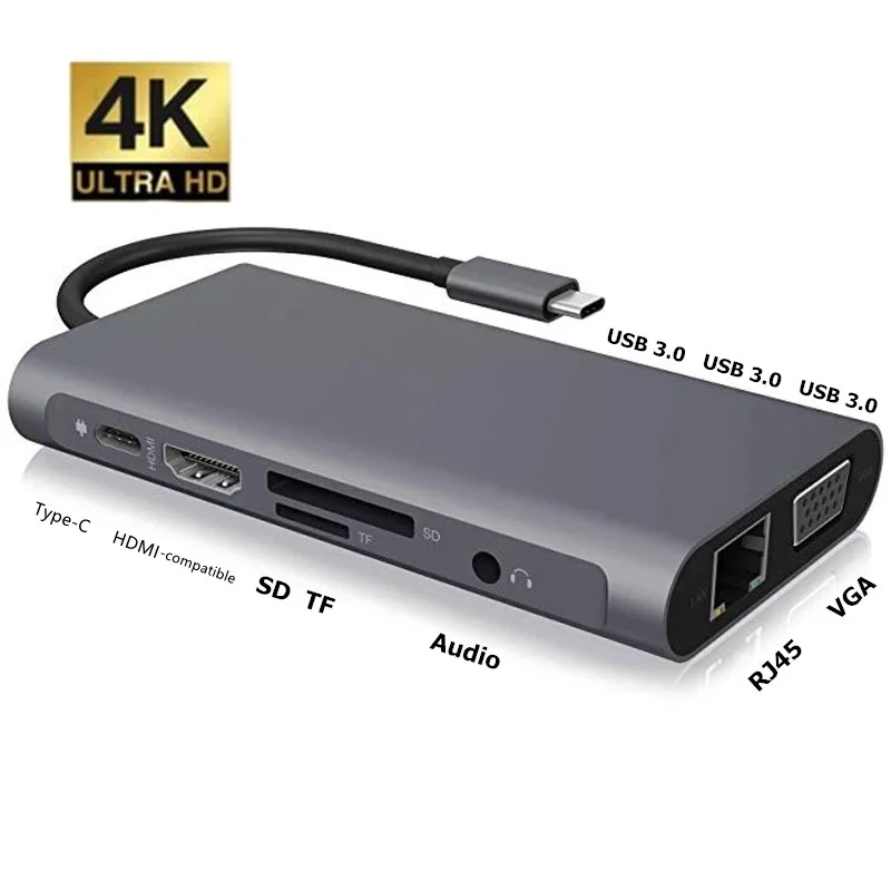 

2022NEW USB C Hub Docking Station 10 in 1 Type C Adapter to USB 3.0 4K HDMI-compatible VGA RJ45 Converter for Macbook Pro