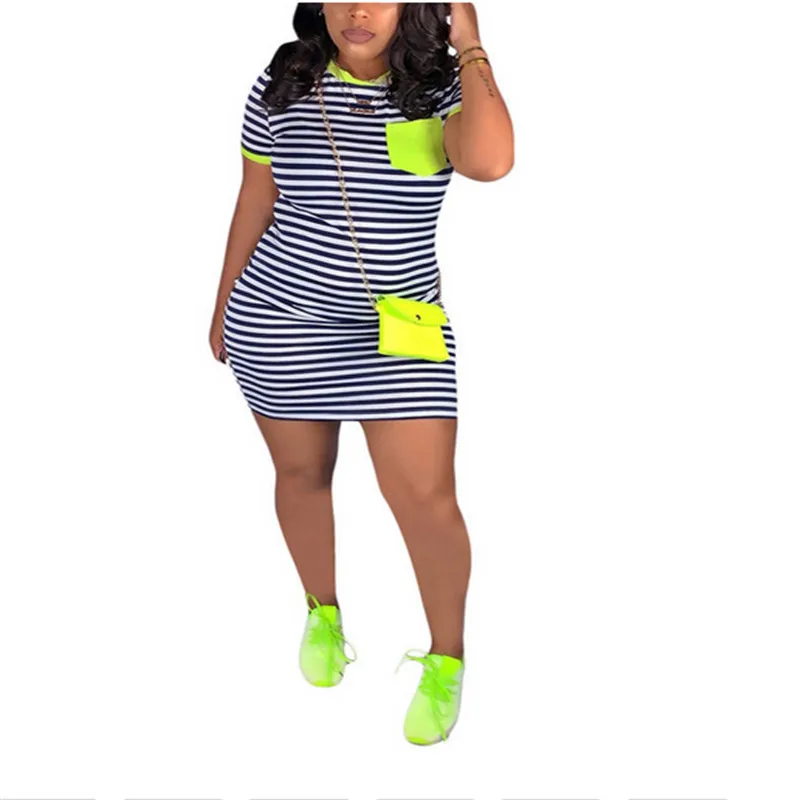 Облегающее мини-платье женское летнее платье в полоску Повседневное с круглым