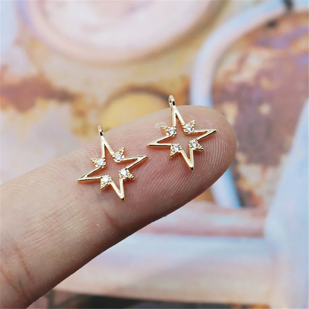 

18K copper encased gold inlaid with white zircon hollow four-point star pendant Handmade DIY material bracelet pendant necklace