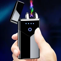 windproof usb electric lighter metal finger print touch fire plasma dual arc lighter led power display smoking supply mens gift