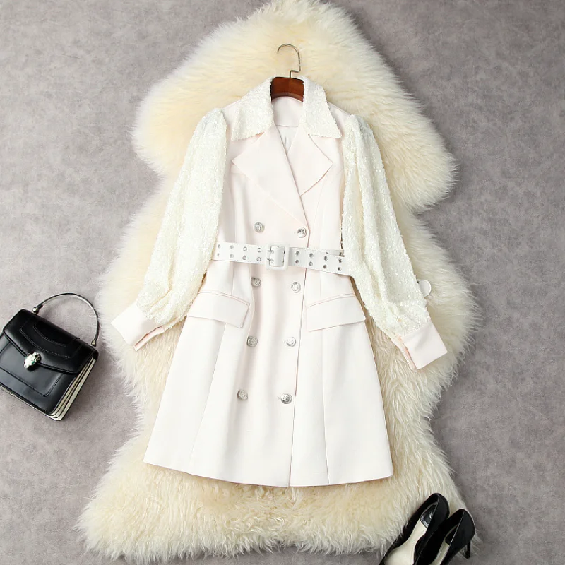 

Зима 2022 Новинка тяжелая промышленность блестки с длинным рукавом пояс пэчворк двубортное платье Женская одежда в европейском и американск...