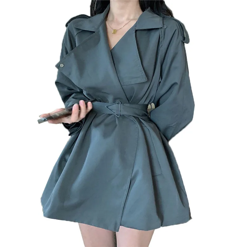 

2021 New Trench Coat Female Fashion Spring Autumn Casual Coats Tops Korean Style Mid-Long Gray Sashes Outerwear Women's Jackets