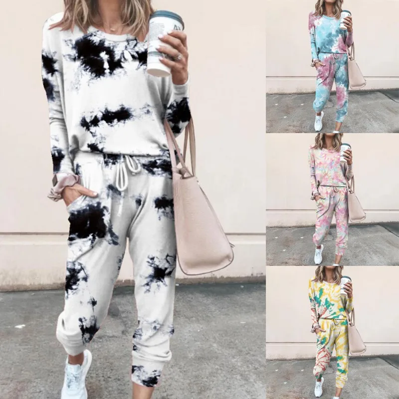 

New Fashion Autumn And Winter Printed Casual Home Wear Long-Sleeve trousers Color Mixing Women Suit