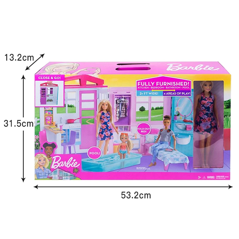 

Original Barbie Doll Shining Holiday Home Dream Luxury House Kids Family Furniture Accessories Toy for Girls Birthday Gift Box
