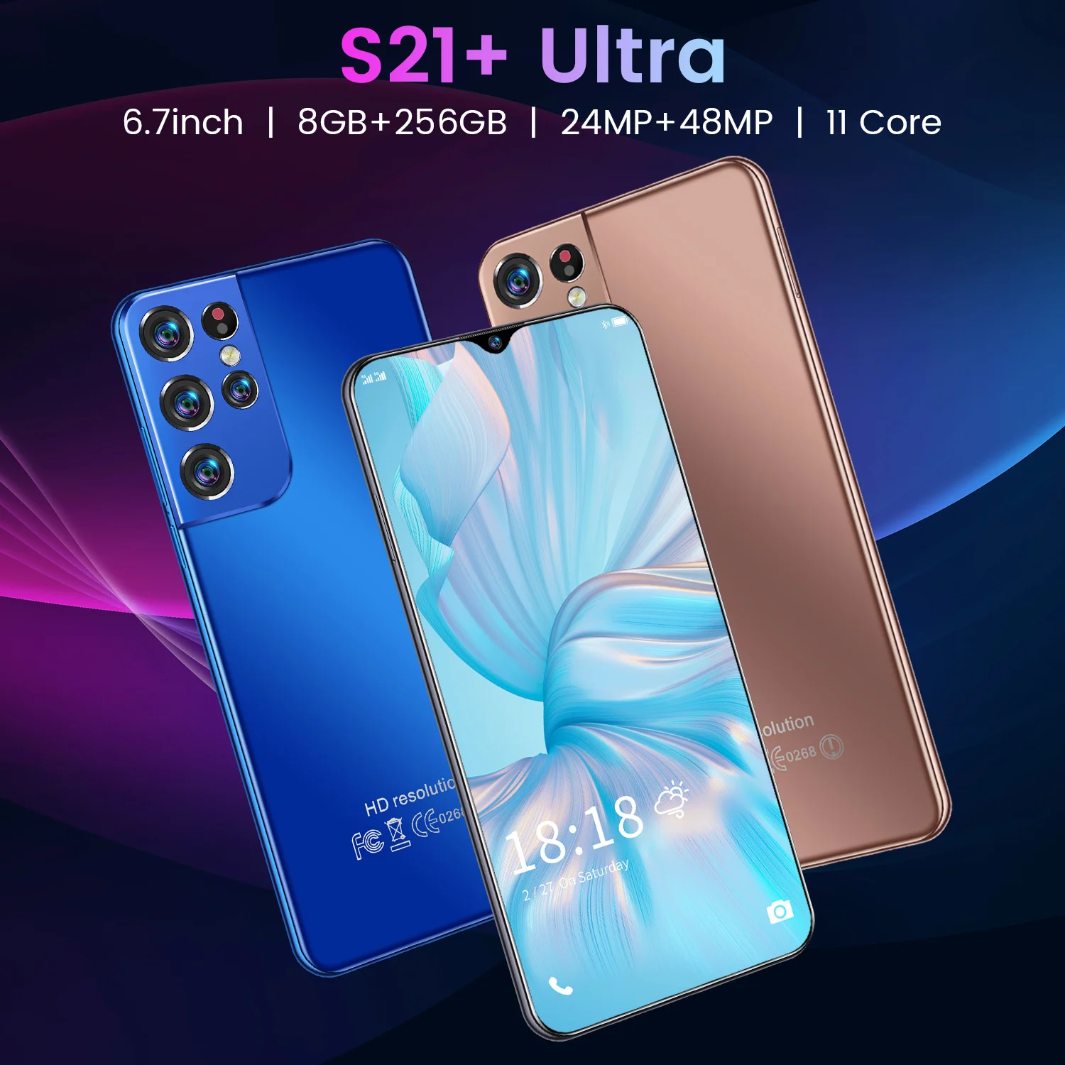 

New Arrival Galxy S21+Ultra 6.7 Inch 11 Core 5G Network Cell Phone 8GB 128/256GB 24MP+48MP Andriod 11 Smart Phone MTK6889 Blue