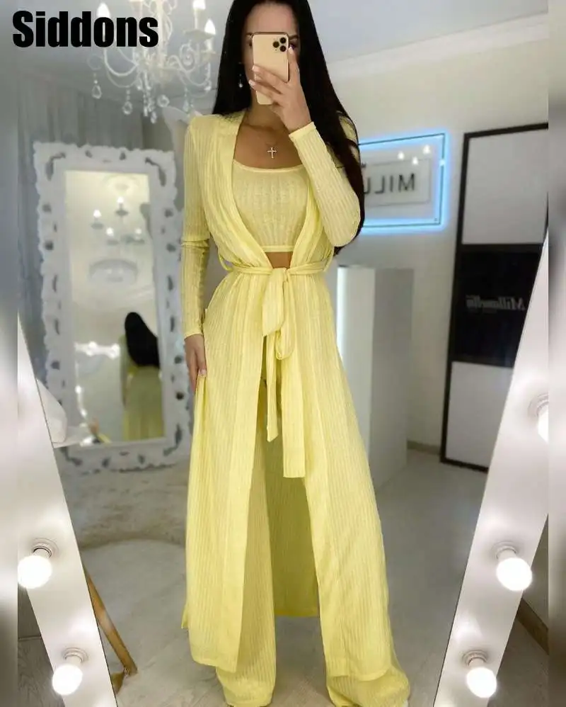 

Women 3 Pieces Set Long Sleeve Cardigan & Tube Top & Wide Leg Pants Set Casual Spring Fall Suits