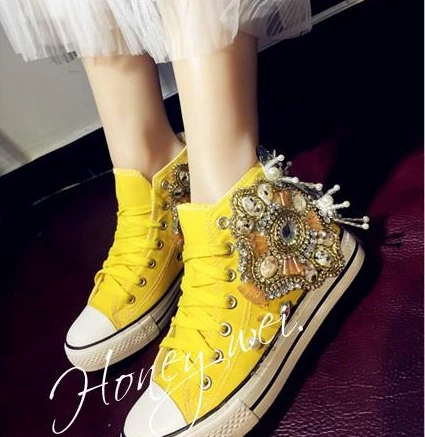 

Yellow lace solid color original handmade heavy industry rhinestone sequin totem new canvas shoes casual shoes